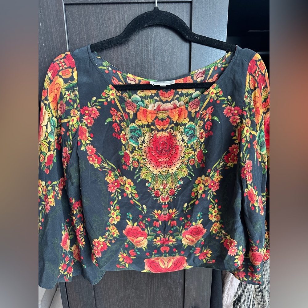 Camilla Black Floral Silk Blouse with Red and Green Accents